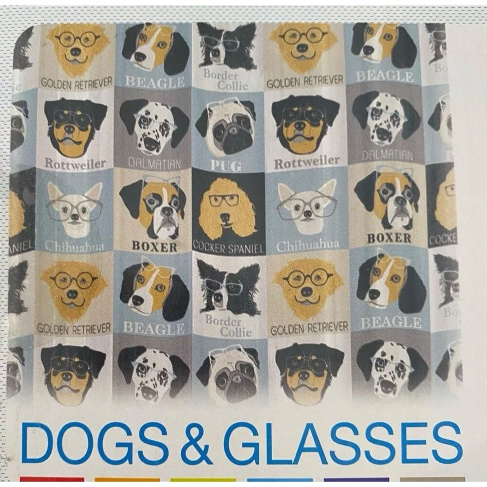 Dogs & Glasses Shower Curtain 70x72 Funny Dog Breeds PEVA Splash Home